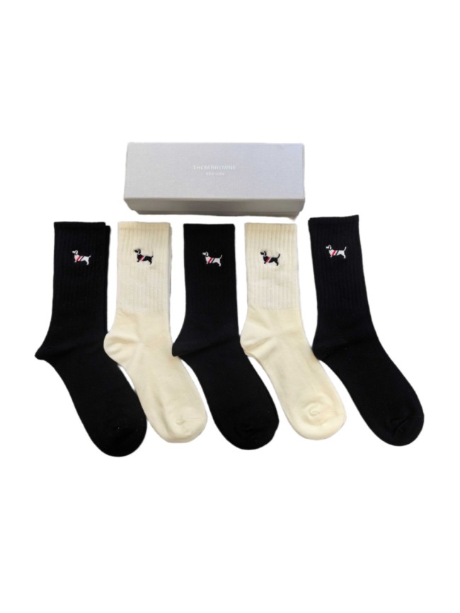 Autumn and Winter Dachshund Logo Vertical Stripe Socks 5 Pairs per Box