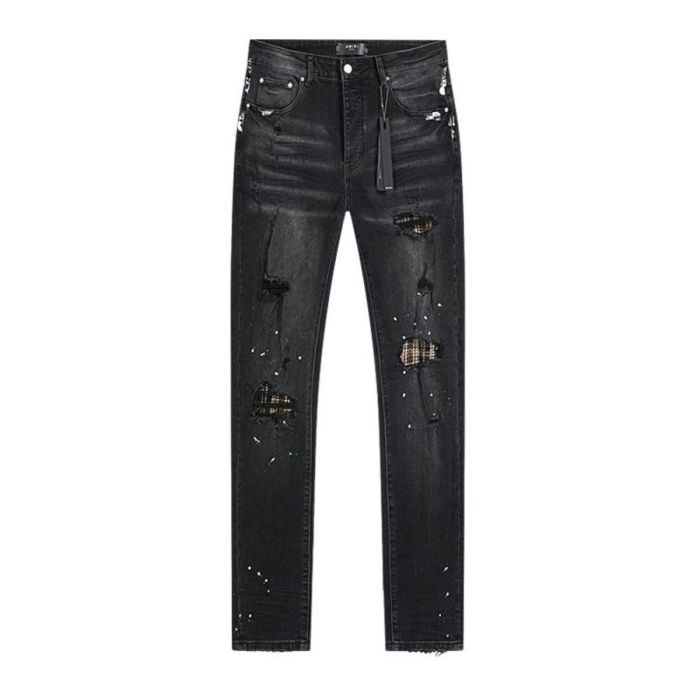 White Painted Distressed Plaid Lining Jeans 28764557