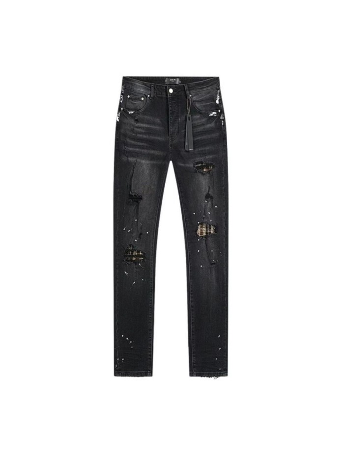 White Painted Distressed Plaid Lining Jeans 28764557
