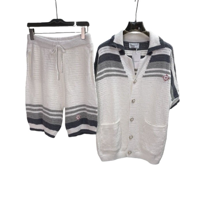 Striped Knit Lace-up Polo Shirt & Shorts Set