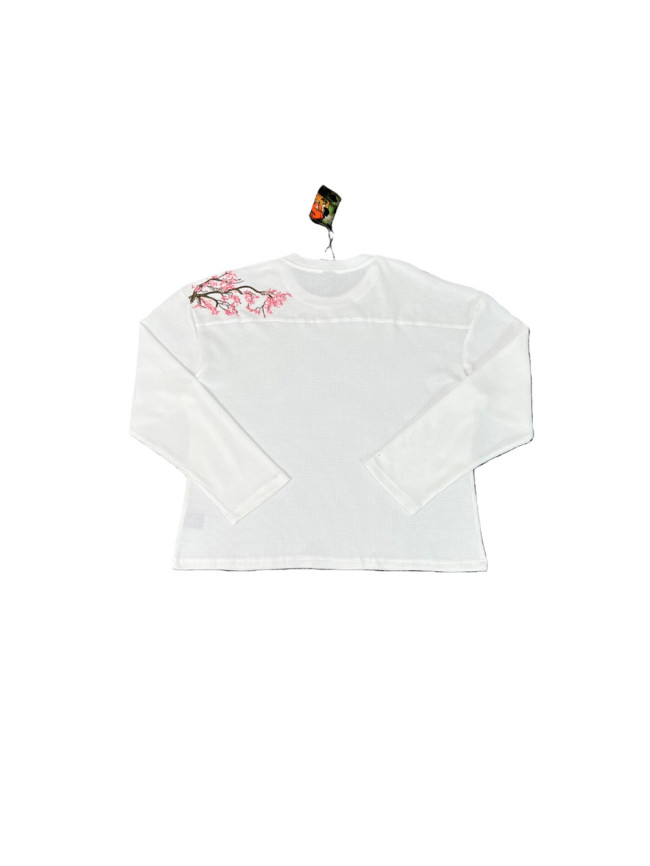 Cherry Blossom Embroidered Waffle Weave Long Sleeve T-Shirt 28565684