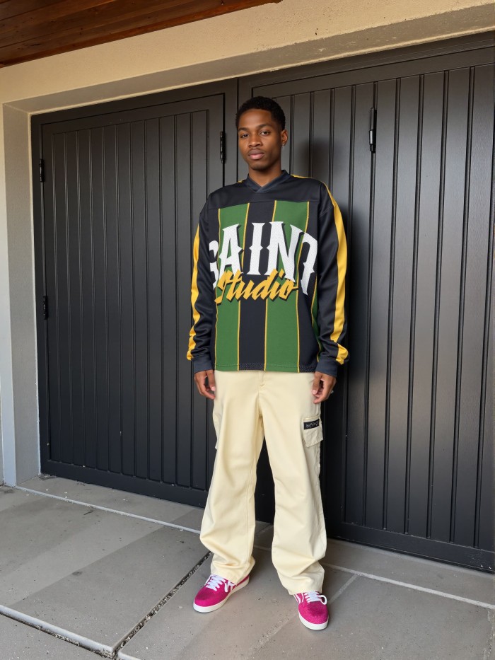 Black and Green Vertical Stripe Print Mesh Panel Long Sleeve T-Shirt 28494497