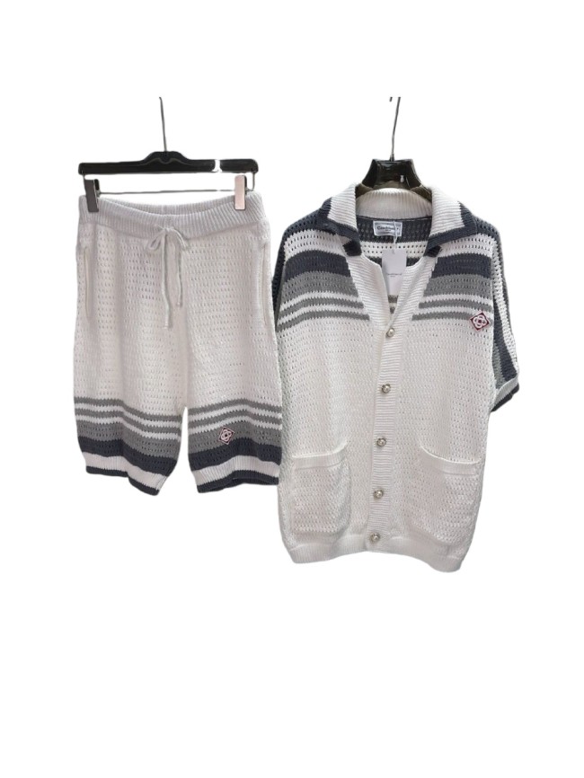 Striped Knit Lace-up Polo Shirt & Shorts Set