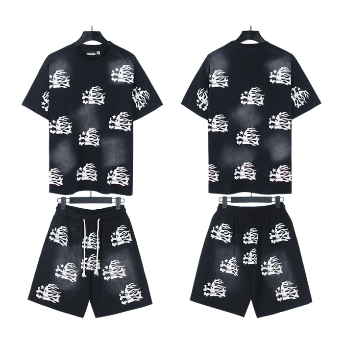 Full Print Skull Washed Black Tee & Shorts Set