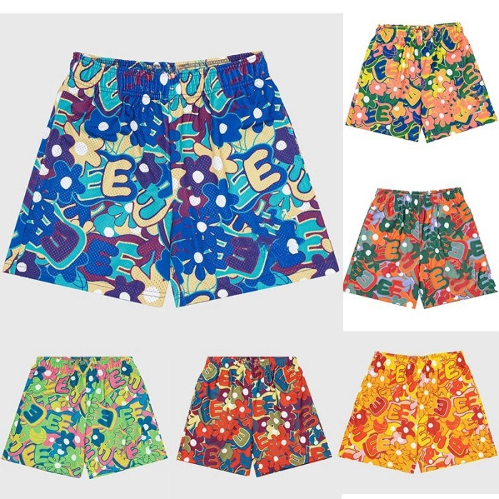 Color-blocking Floral Digital Print Mesh Shorts 6 colors