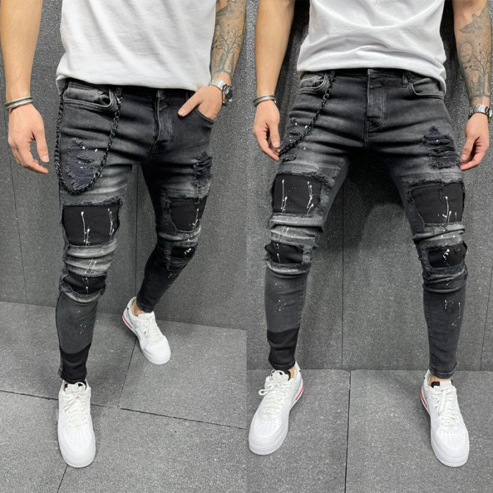 Men's Skinny Ripped Jeans Fashion Grid Beggar Patches Slim Fit Stretch Casual Denim Pencil Pants Painting Jogging Trousers Men