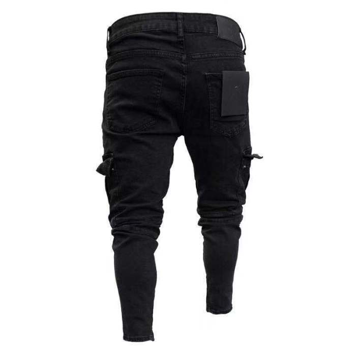 Men Slim Biker Ripped Long Denim Trousers Skinny Jeans pocket Young Man Jogging Pants ​Destroyed Stretchy-Black Pants
