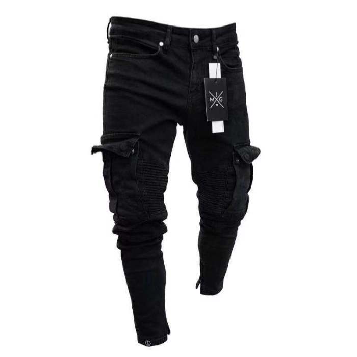 Men Slim Biker Ripped Long Denim Trousers Skinny Jeans pocket Young Man Jogging Pants ​Destroyed Stretchy-Black Pants