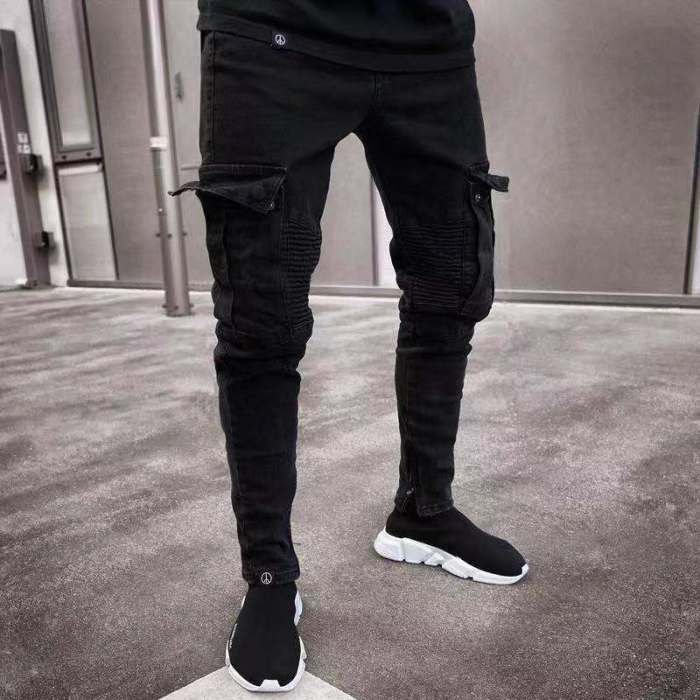 Men Slim Biker Ripped Long Denim Trousers Skinny Jeans pocket Young Man Jogging Pants ​Destroyed Stretchy-Black Pants