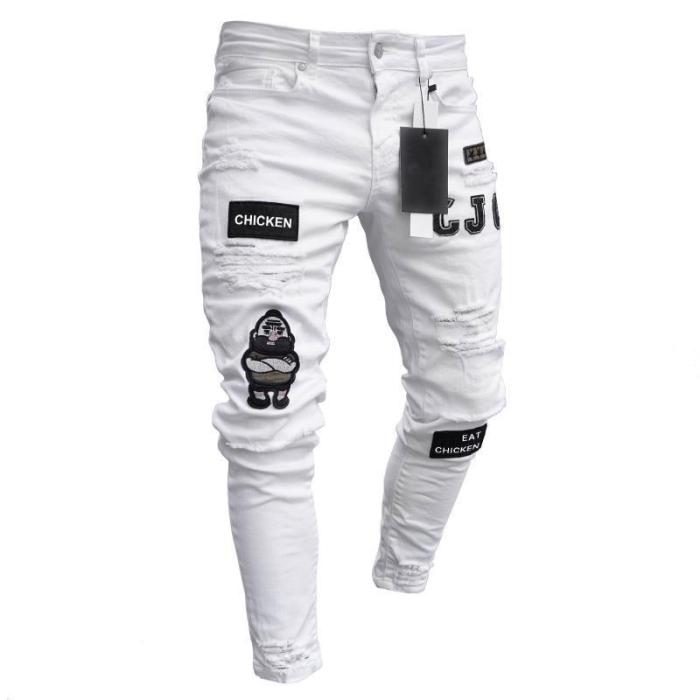 Men Slim Biker Ripped Long Denim Trousers Skinny Jeans pocket Young Man Jogging Pants ​Destroyed Stretchy-Black Pants