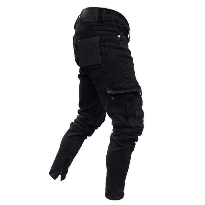 Men Slim Biker Ripped Long Denim Trousers Skinny Jeans pocket Young Man Jogging Pants ​Destroyed Stretchy-Black Pants