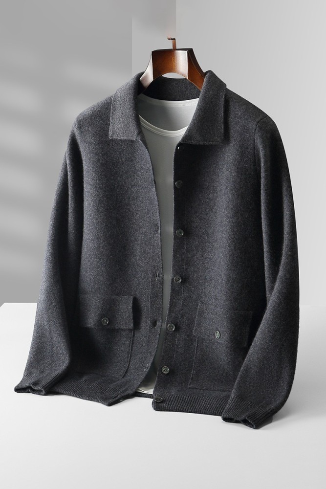 Solid color cardigan with lapel pocket thick sweater 4 colors