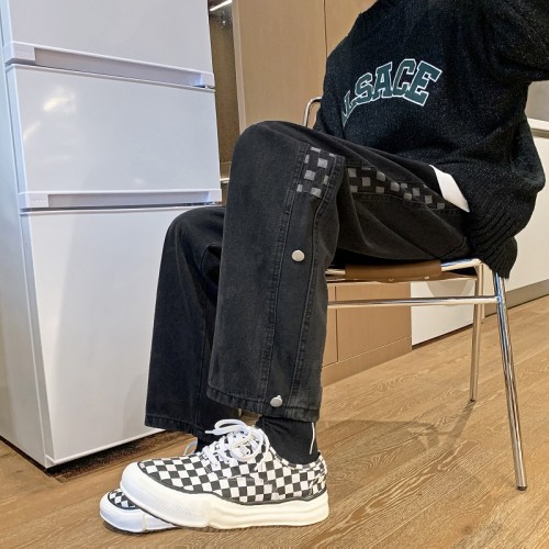 High street patchwork plaid trend baggy jeans 2 colors