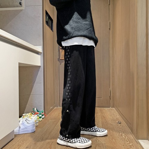 High street patchwork plaid trend baggy jeans 2 colors