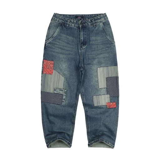 Patchwork retro baggy draping wide-leg nine straight leg pants