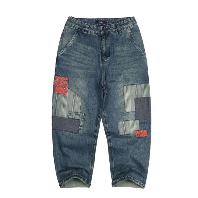 Patchwork retro baggy draping wide-leg nine straight leg pants