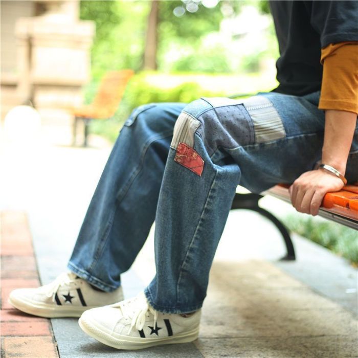 Patchwork retro baggy draping wide-leg nine straight leg pants