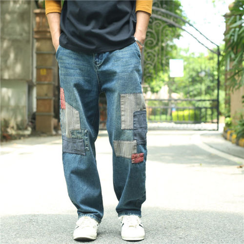 Patchwork retro baggy draping wide-leg nine straight leg pants