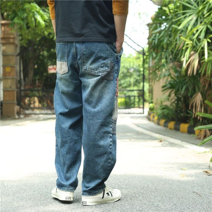 Patchwork retro baggy draping wide-leg nine straight leg pants