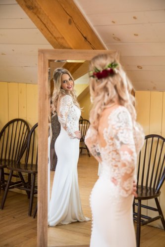 PRONOVIAS Crepe Fit Flare Lace Sleeve Low Back Size 8