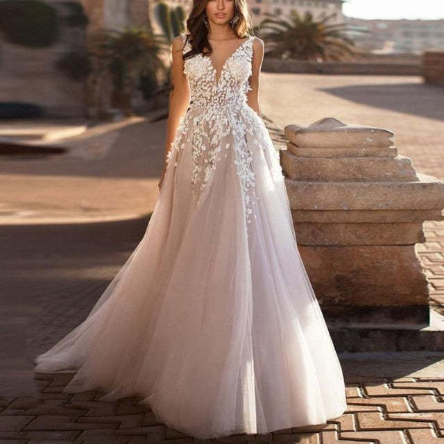 Beach Bridal V Neck Flowers Tulle Wedding Dress WD1002