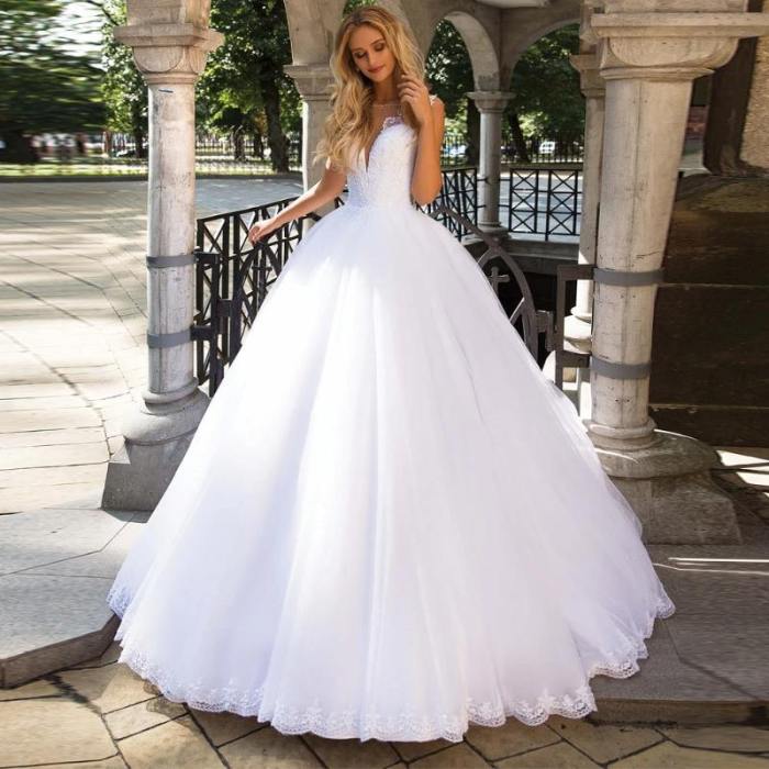 Princess Wedding Dress Bateau Tulle Beaded Bridal Gown WD1024