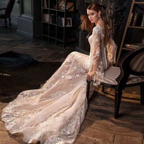 Applique Lace Long Sleeve Mermaid Wedding Dresses WD1119