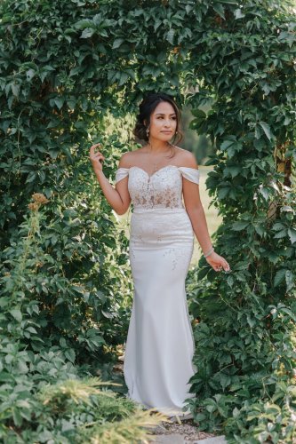 PRONOVIAS Crepe Sheath Lace Illusion Drop Sleeves Lace Insert Train Size 8