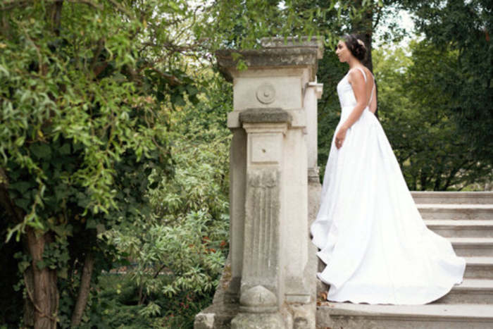 ELEGANCE BRIDAL Crepe A-Line High Neck Open Back Princess Seams Size 6