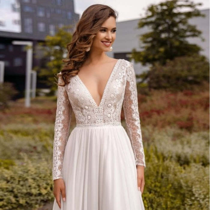 Boho Bridal A Line Chiffon Long Sleeves Wedding Dress WD1055