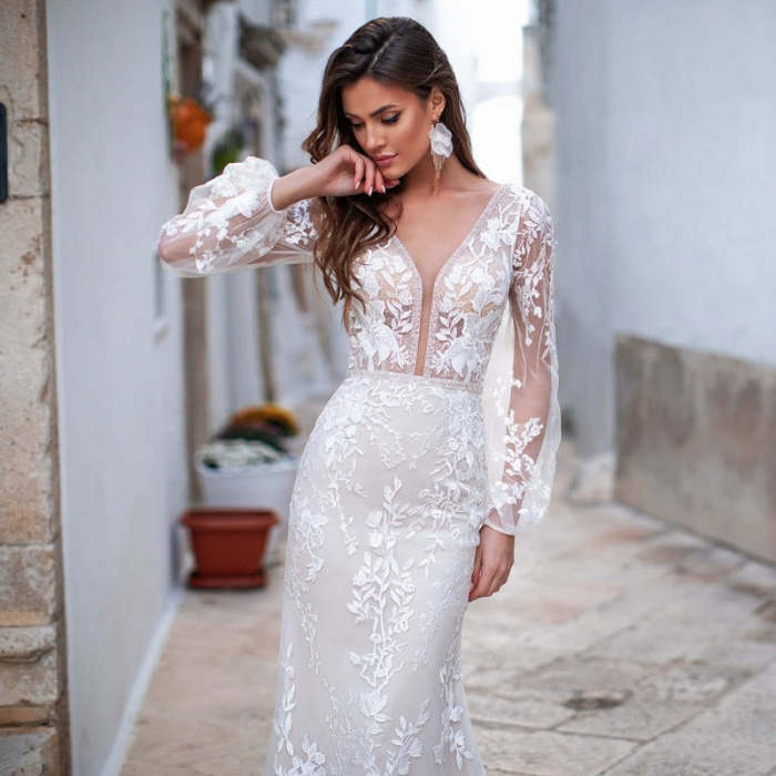 Enchanting Lace Long Sleeve Mermaid Wedding Dress WD1102