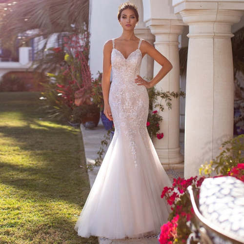 Charming Mermaid Lace Tulle Beaded Wedding Dress WD3010