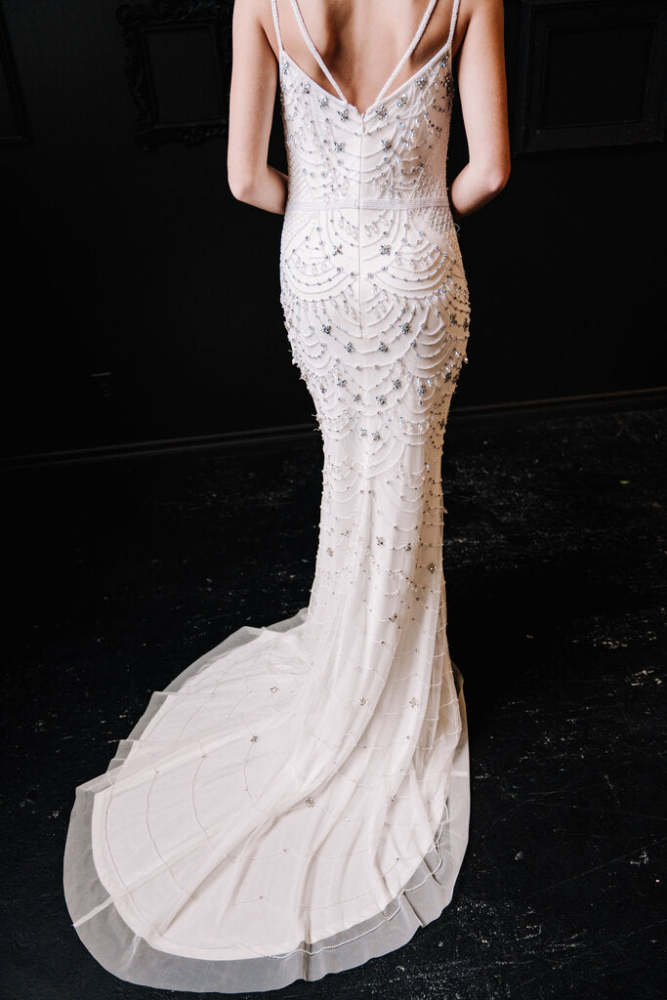 THEIA Beaded Sheath Spaghetti Straps Size 4