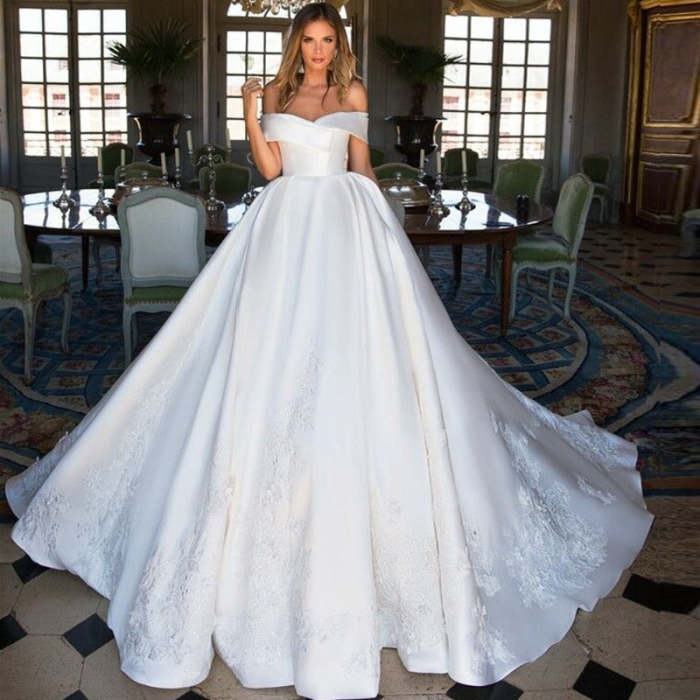 Magical Satin Off The Shoulders Ball Gown Wedding Dress WD1008
