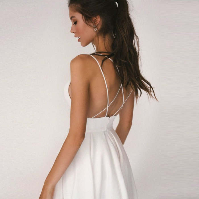 Satin A Line Spaghetti Straps Tea Length Wedding Dress FWD1003