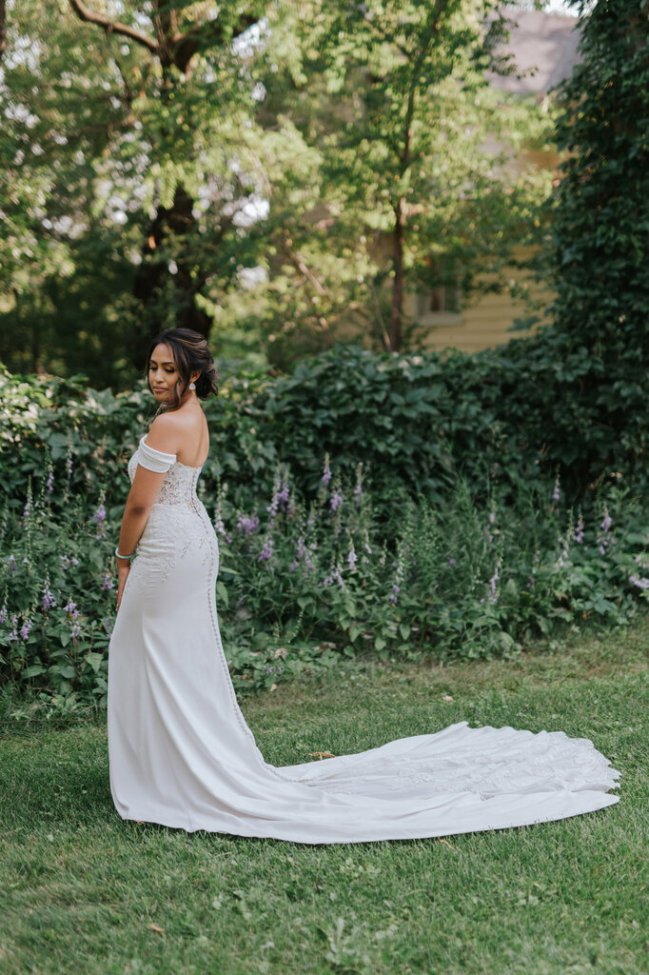 PRONOVIAS Crepe Sheath Lace Illusion Drop Sleeves Lace Insert Train Size 8