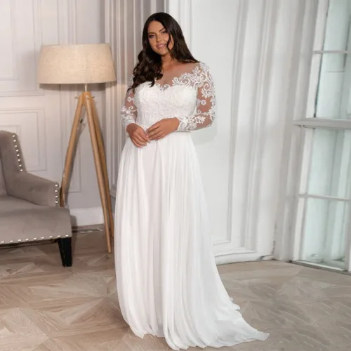 A Line Chiffon Lace Plus Sizes Long Sleeve Wedding Dress FWD1001