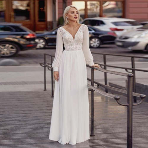 White Chiffon Bridal V Neck Charming A Line Wedding Dress WD1005