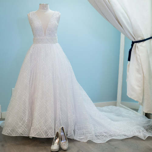 DESIGNER UNKNOWN Tulle Ball Gown Cross Hatch Illusion Panels Size 8