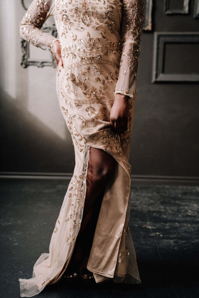 BHLDN Sequin and Beaded Illusion Fit Flare Full Sleeved Size 8