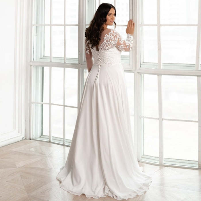 A Line Chiffon Lace Plus Sizes Long Sleeve Wedding Dress FWD1001