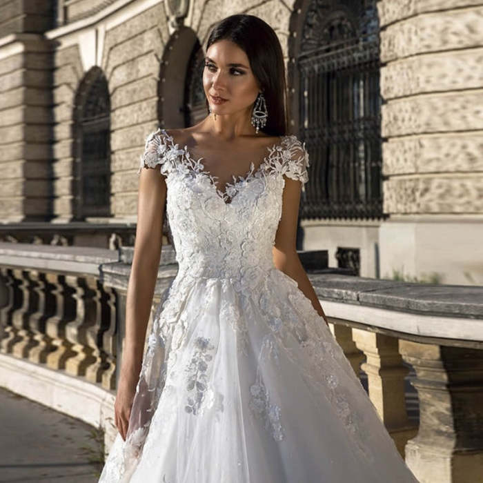 A-Line V-Neck Applique Backless Princess Bridal Gown WD1004