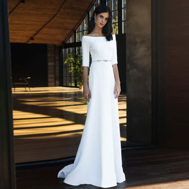 Simple Wedding Dress Half Sleeves Long Bridal Dress WD1014