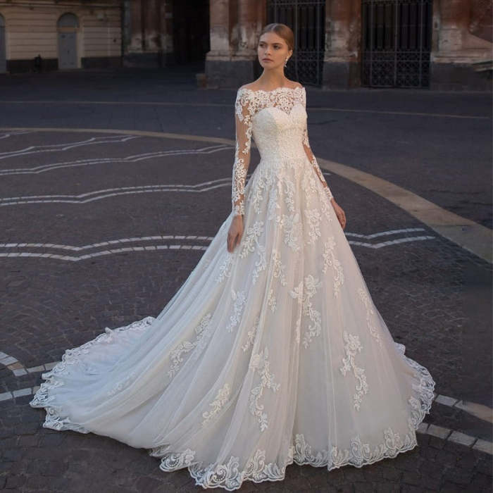 Off The Shoulder Lace Long Sleeve Wedding Dress WD1101