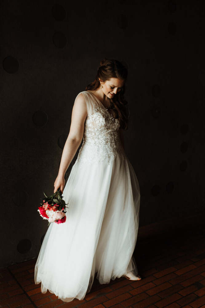 BERRIT MODE Tulle A-line Lace Plunging V Illusion Strap Size 18