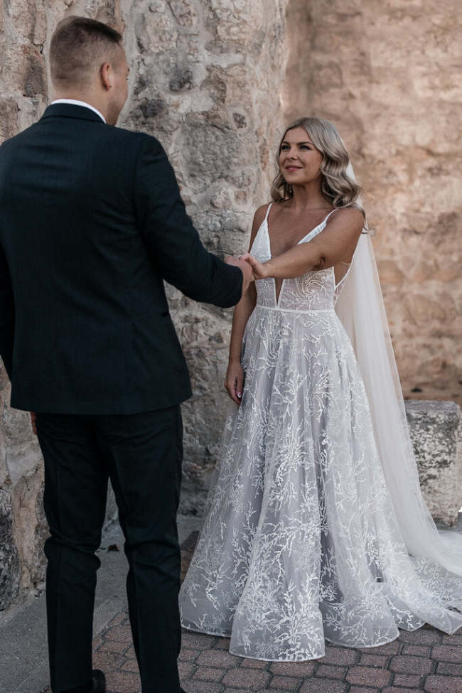 WTOO BY WATTERS Lace A-line Plunging V Open Back Size 6