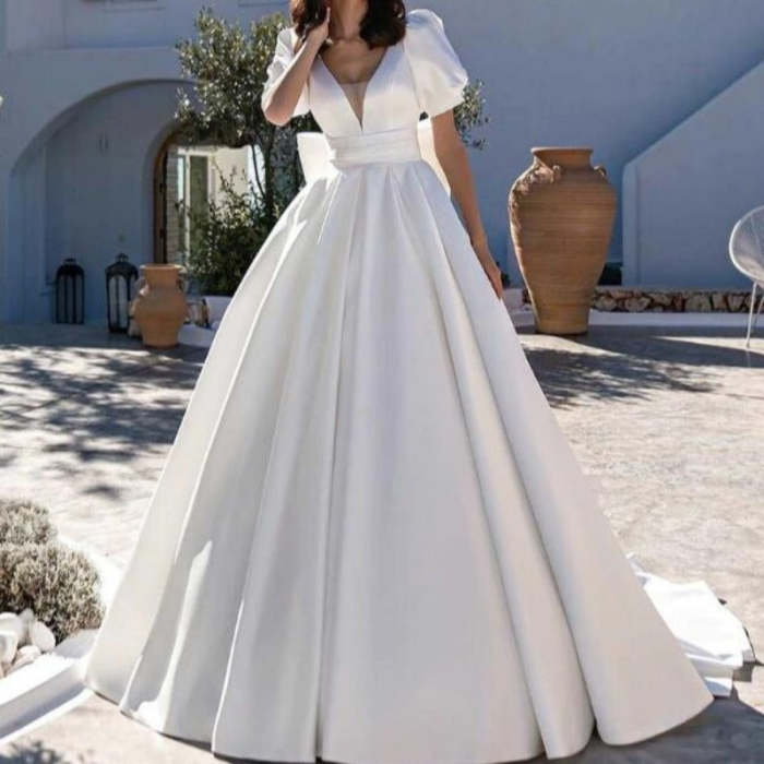 White Satin Short Sleeves With Pockets Wedding Dresses WD4000