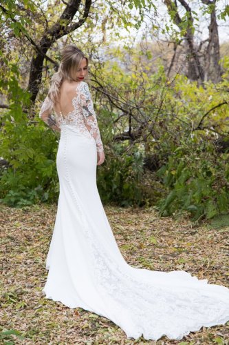 PRONOVIAS Crepe Fit Flare Lace Sleeve Low Back Size 8