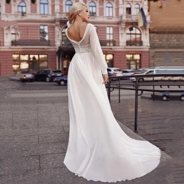 White Chiffon Bridal V Neck Charming A Line Wedding Dress WD1005