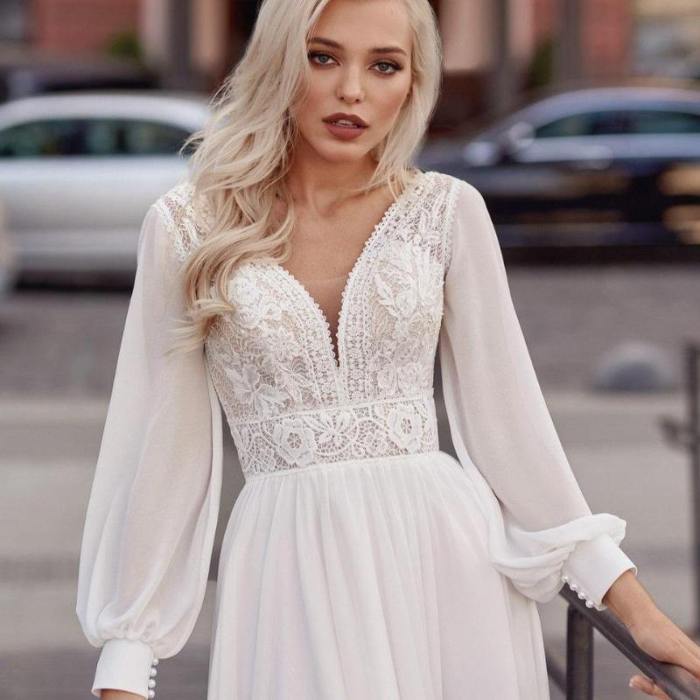 White Chiffon Bridal V Neck Charming A Line Wedding Dress WD1005